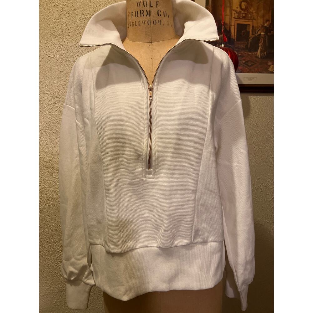 Women's White Ribbed Half Zip Cropped Pullover Sweatshirt Top NWT Size L - Picture 5 of 13